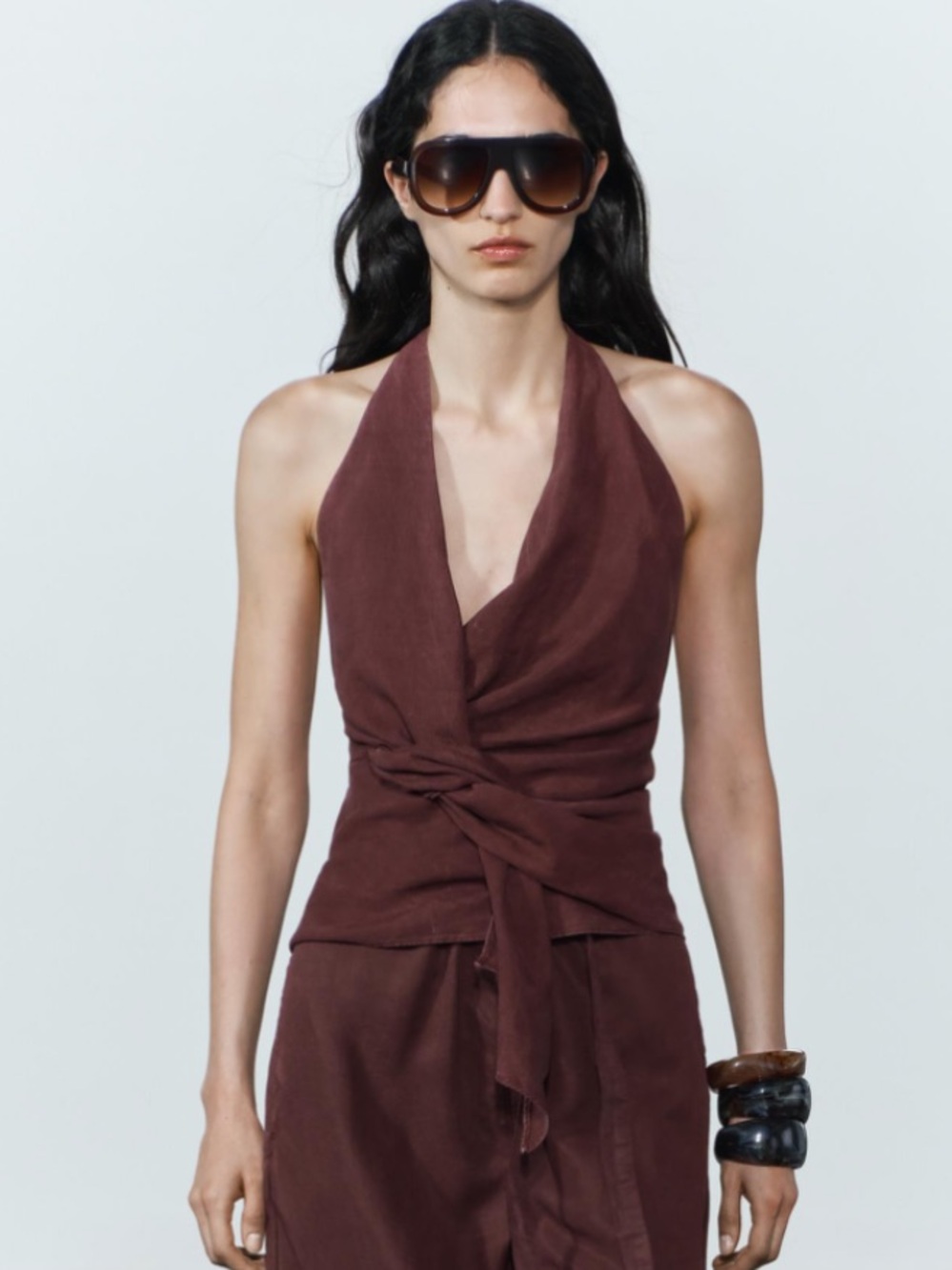 Zara Sleeveless Halter Wrap top in Deep Brown